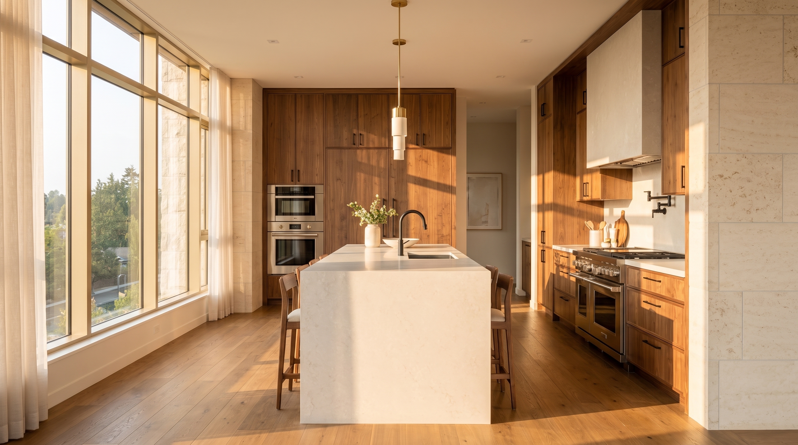 A sunlit modern kitchen with a marble island and walnut cabinetry