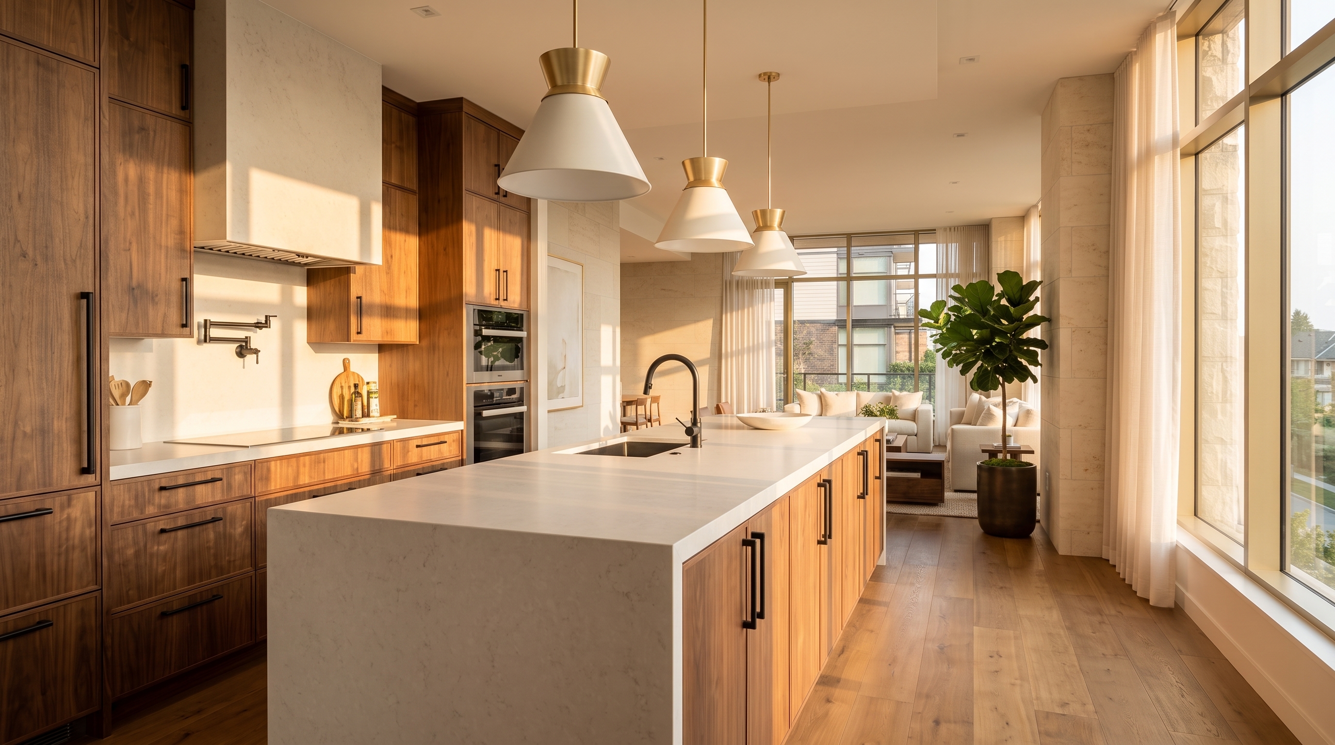 A warm open-plan kitchen and living space in golden afternoon light