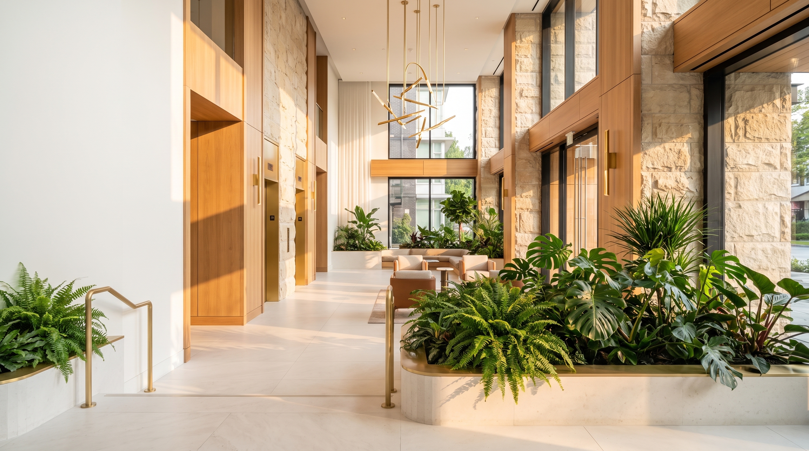 A light-filled luxury lobby with lush greenery